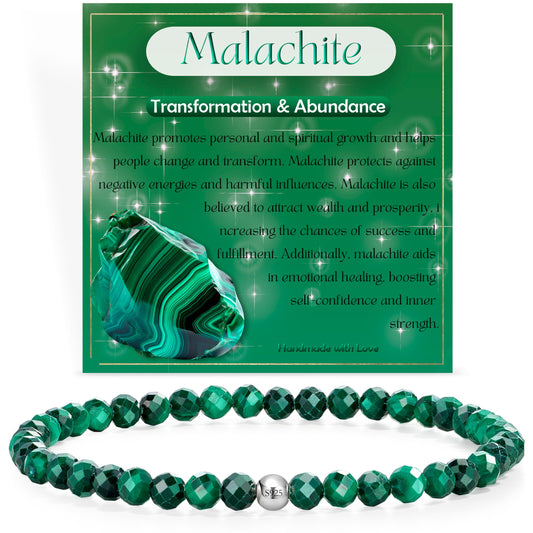 Farfume Malachite - Transformation & Abundance - Beaded Bracelets for Women,Handmade Natural Stone 4mm Beads 925 Sterling Silver Stretch Bracelets, Chakra Crystal Gemstone Jewelry Gifts for Mom