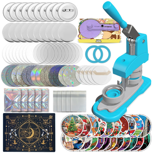 Blue Button Maker Machine 58mm (2.25 inch), DIY Button Pin Maker Machine Comes with Free Button Parts, Circle Cutter, Cutting Board, Pattern Paper, Holographic Bags, Colored Film, and Protective Case