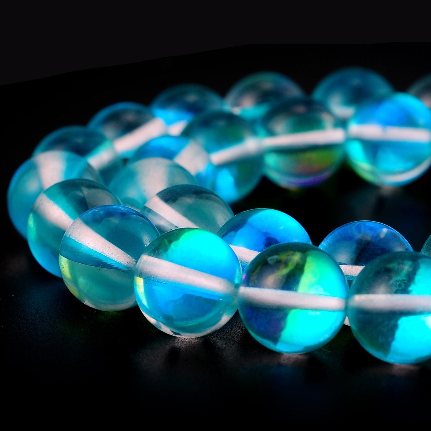 RUBYCA Round Moonstone Crystal Glass Beads Aura Iridescent for Jewelry Making (1 Strand, 6mm, Blue)