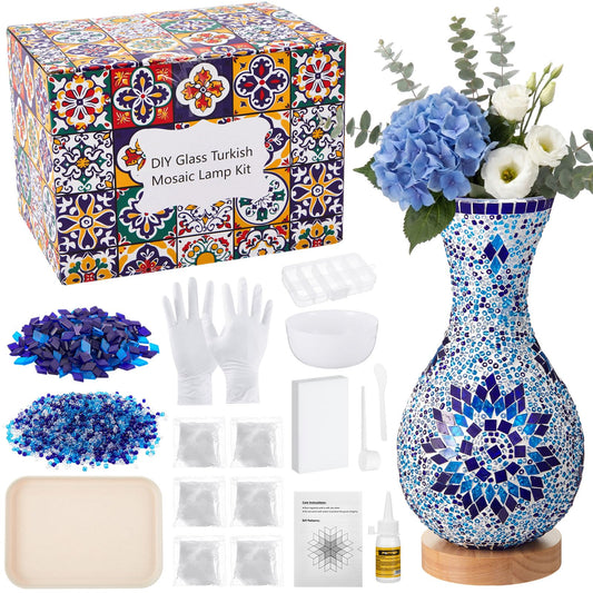 VIHOSE Turkish Mosaic Lamp Kit DIY Mosaic Vase Lamp Colorful Handmade Glass Vase with Wood Base for Flowers Moroccan Table Bedside Light Craft Kits for Living Room Decorations (Blue)