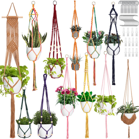 Hoteam 12 Pcs Macrame Plant Hangers Macrame Hanging Planters for Indoor Plants Handmade Boho Hanging Baskets Flower Pots Holder for Outdoor Home Wall Decor(Multicolor)