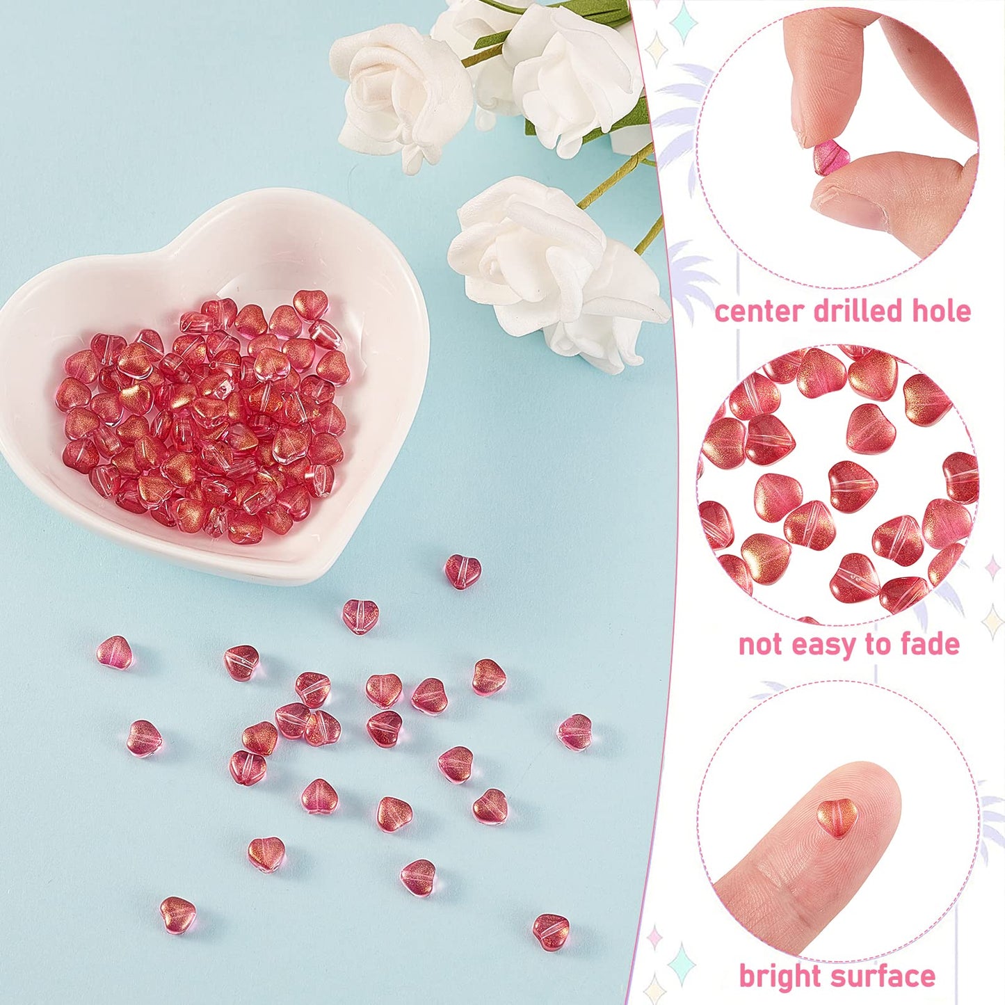 UR URLIFEHALL 100 Pcs Transparent Spray Painted Glass Beads with Glitter Powder Heart Spacer Cerise Beads for Jewelry Making DIY