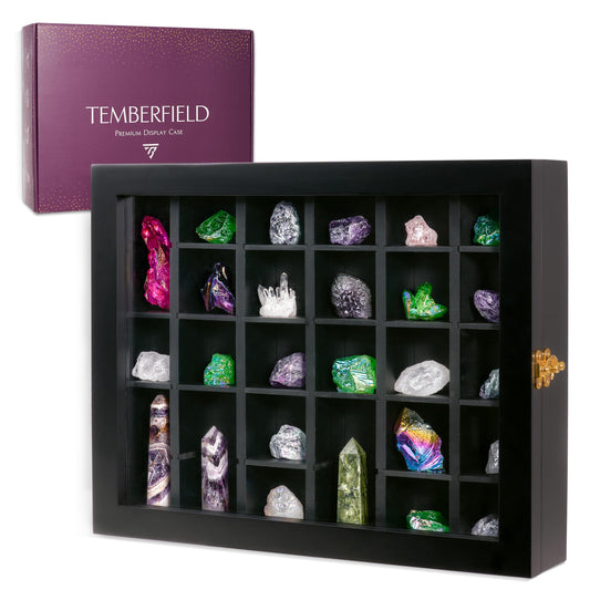 Premium Rock Display Case – Wooden Shadow Box with Shelves for Crystals, Seashell & Figurines – 30 Adjustable Compartments – Real Glass Door – Elegant Storage for Collectibles