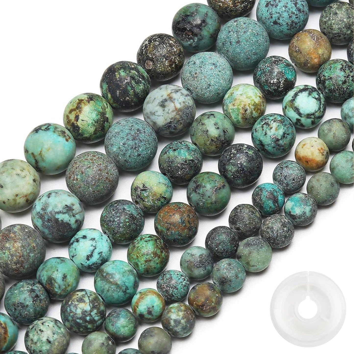 Natural Matte African Turquoise Beads, 10MM Round Frosted Unpolished Loose Gemstone Beads for Bracelet Necklace Jewelry Making, Energy Stone Healing Power with Stretch Beading Cord
