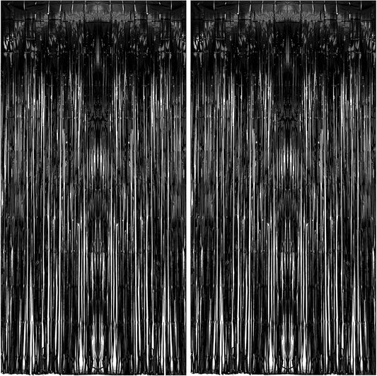 Skiennix Foil Curtain Backdrop - Black Metallic Tinsel Fringe for Photo Booths | 2 Pack Party Decorations