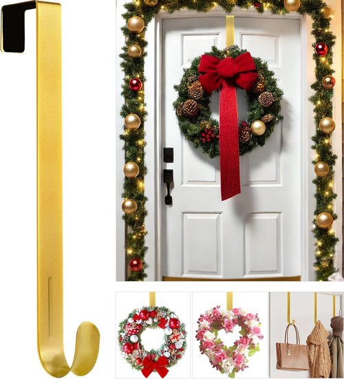 Metal Wreath Hanger 12" - Heavy Duty Over-the-Door Hook for Seasonal Decorations | Gold Finish