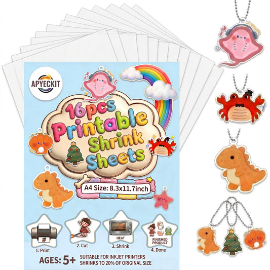 APYECKIT 16Pcs Printable Shrinky Dink Sheets,A4 Printable Shrink Paper for Inkjet Printer, Shrink Dink Sheets for DIY Art Keychain Making Kits for Mother's Day, Father's Day Gifts