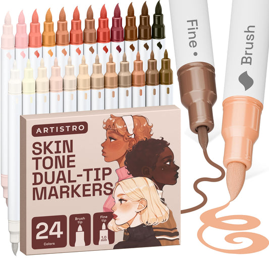 ARTISTRO 24 Skin Colors Acrylic Paint Markers - Paint Pens for Drawing, Brush + Fine Tips For Fabric, Rock, Glass, Wood, DIY - Art & Craft Supplies for Adults, Teens, Kids - Teacher Appreciation Gift