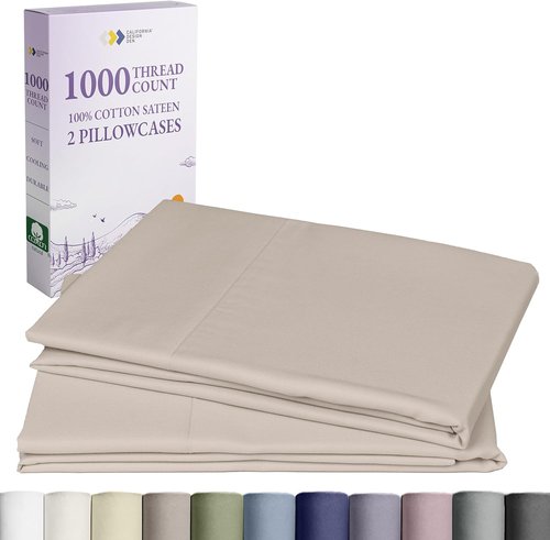California Design Den Pillow Cases - Set of 2 Queen Size, 1000 Thread Count Soft 100% Cotton - Beige
