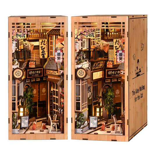 Reenovan Book Nook Kit, DIY Miniature House Kit for Adults & Teens, Japanese Alley Scene Bookshelf Insert Decor with LED, 3D Wooden Puzzle Gift for Book Lovers (Cat Alley)