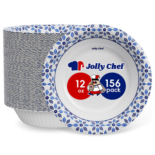 JOLLY CHEF 156 Count Paper Bowls 12 oz Soak Proof, Heavy Duty Printed Disposable Small Bowls Bulk for Dinner or Thanksgiving