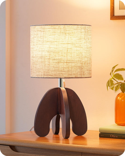 EDISHINE 14.17" Small Table Lamp, Integrated Four-Legged Wooden Bedside Lamp Base, Beige Linen Lampshade, E26, Modern Nightstand Lamp for Nursery, Bedroom, End Table, ON/Off Switch