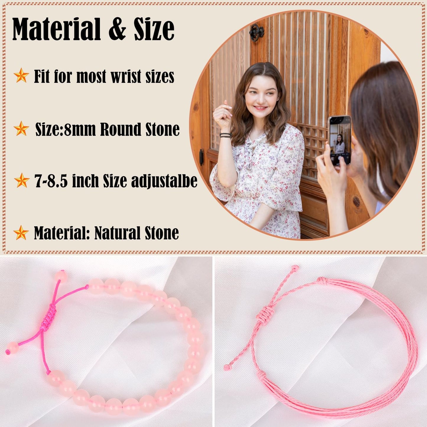 LPBeads 8mm Rose Quartz Bracelet with Handmade Rope Bracelet Size Adjustable Natural Stone Crystal Healing Bracelets Gifts for Unisex Adults