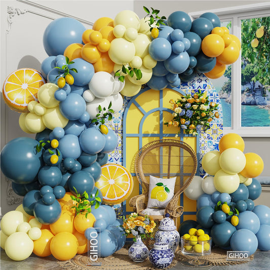 Amalfi Coast Lemon Balloon Arch Kit 144pcs Blue and Yellow White Balloons with Lemon Balloons for Valentine's Day Bachelorette Bridal Shower Lemon Themed Birthday Party Decorations