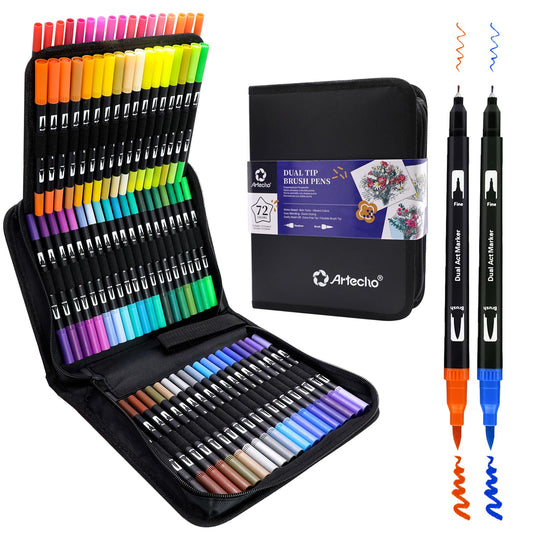 Artecho 72 Colors Markers for Adult Coloring Books, Dual Tip Markers for School, Fine and Brush Tip for Adults Coloring Books, Calligraphy, Drawing, Sketching
