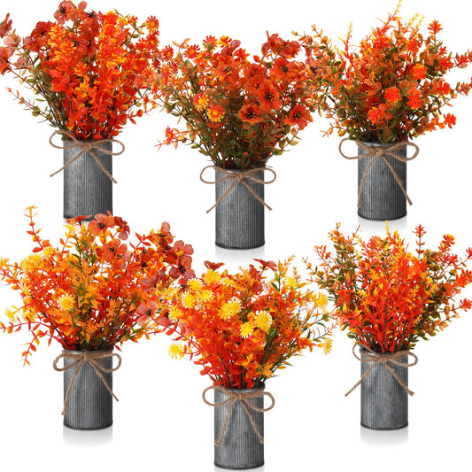 Zeyune 6 Sets Artificial Fall Thanksgiving Centerpiece for Tables Faux Fall Plants with Galvanized Pots Farmhouse Artificial Orange Autumn Flowers Bouquet for Wedding Home Office Rustic Decor