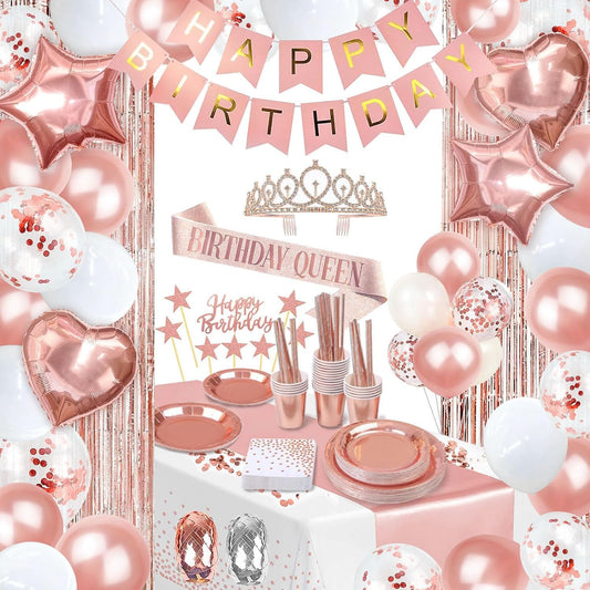 Party spot! 253 Pcs Birthday Decorations For Women, Rose Gold Party Decorations, Happy Birthday Decorations - Balloon Stand Kit, Tableware Kit,Pump, Banner, Tassel Curtain,Balloon, For 25 Guests