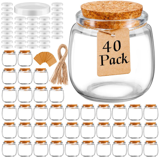 Enjamyo 40 Pack Small Glass Jars, 7oz Mini Yogurt Jars with Cork Lids and PE Lids, Small Bottles with Label Tag and Twine, Glass Pudding Jar for Wedding Favors, Baby Shower, Milk, Jam, Honey