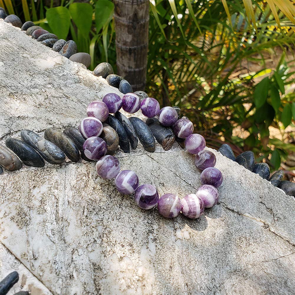 chengmu 12mm Banded Amethyst Stretch Bracelet Natural Round Beads Semi Gemstone for Crystal Elastic Beaded Bracelet 8"