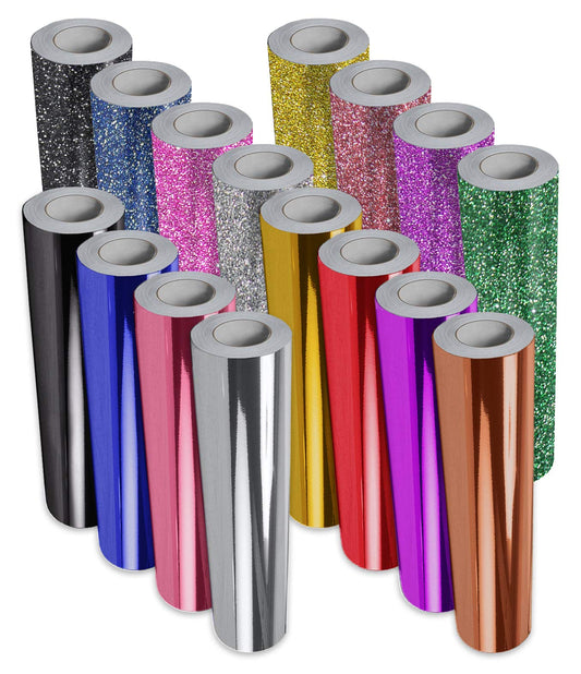 VViViD 16-Color Chrome Gloss & Matte Glitter DECO65 Permanent Adhesive Craft Vinyl 1ft x 5ft Roll Bundle