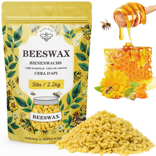 Beeswax pellets 5LB, VEGISHINE Pure and Natural Yellow Beeswax for DIY Skin Care, Lip Balm, Polishing, Lotion, Soap, Candle Making Supplies