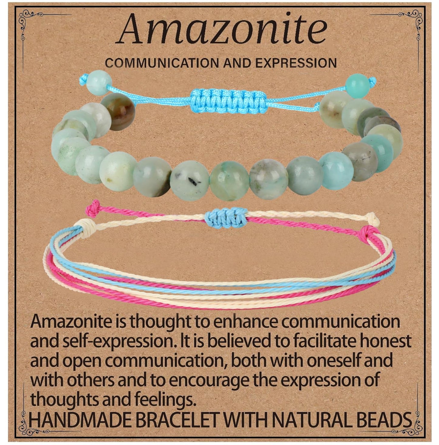 LPBeads 8mm Amazonite Bracelet with Handmade Rope Bracelet Size Adjustable Natural Stone Crystal Healing Bracelets Gifts for Unisex Adults