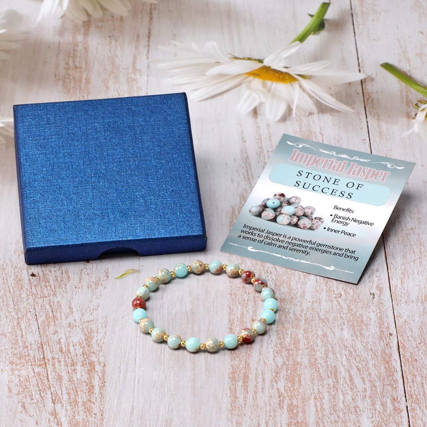 QOGIR Imperial Jasper - Stone of Success - Stainless Silver Beads Natural Gemstone Stretch Elastic Dainty Healing Beaded Bracelets Gifts 6mm