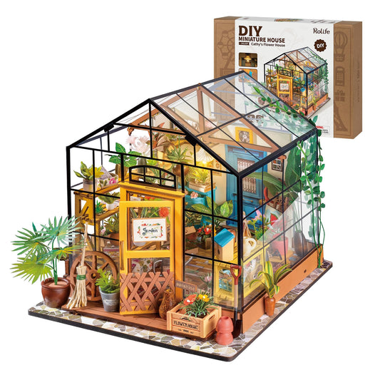 Rolife DIY Miniature House Kit, Cathy's Greenhouse Miniature Dollhouse Tiny/Mini House Making Kit with Furniture for Adults Home Decorations, Diorama Kit Gifts for Family and Friends