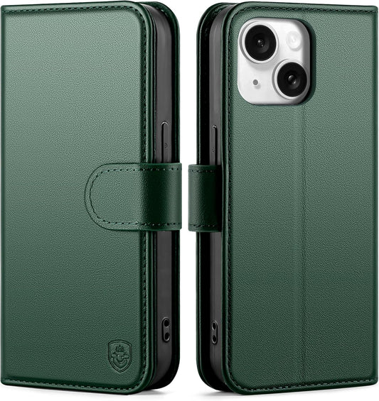BoxCastle 15 15 6.1",Green Compatible with iPhone Genuine Leather Case Wallet with Card Holder,Women Men Real Leather