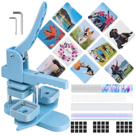 Square Magnet Button Maker Kit - Holographic Film 2'' x 2'' Button Press Machine with 100 Set Fridge Magnet Making Supplies(Metal Cover, Film, Back Inserts), for Craft, Home, Small Business