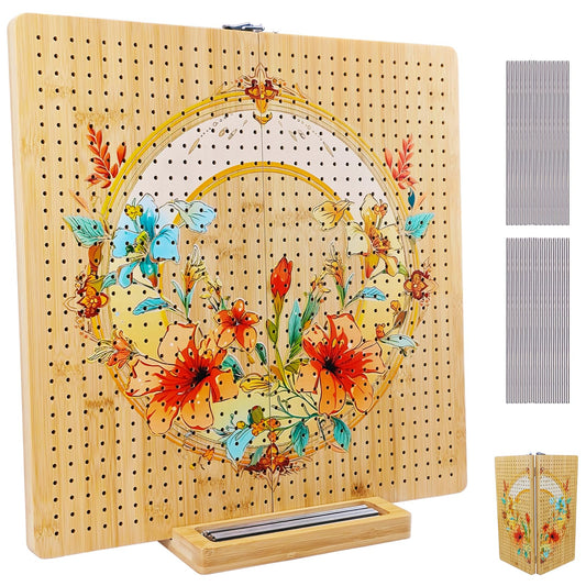 16"x16" Foldable Crochet Blocking Board with 36 Pcs Stainless Steel Rods, Floral Pattern Large Blocking Boards for Crochet Projects, Bamboo Granny Square Blocking Boards Gifts for Crochets Enthusiasts
