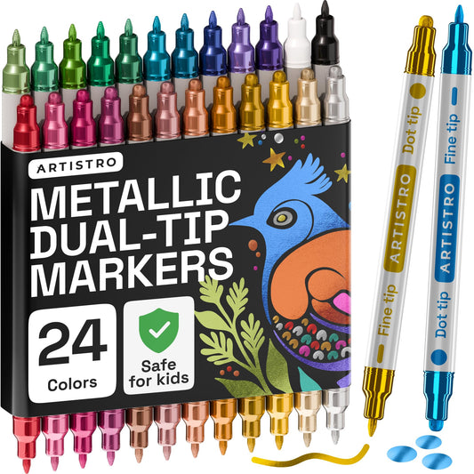 ARTISTRO 24 Metallic Precision Dual-Tip Acrylic Paint Markers – Paint Pens Set with Dot & Fine Tips for Fabric, Rock, Glass, Wood, Coloring Books – Classroom & Art Supplies Teacher Appreciation Gift