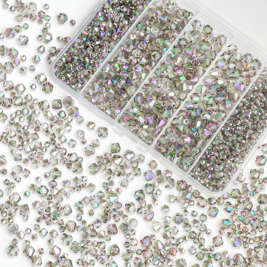 1550PCS Bicone Crystal Glass Beads Set for Jewelry Making, 3mm 4mm 6mm 8mm Sparkling Faceted Beads Sorted by Size for Bracelets, Necklaces, Suncatchers & DIY Crafts(AB Phantom Purple)