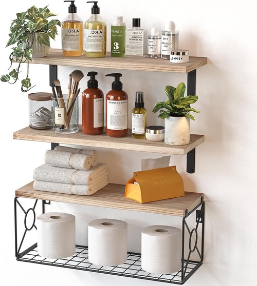 Amada Bathroom Shelves - Over Toilet Storage with Basket | Floating Wall Shelf for Home Organization - Natural Wood