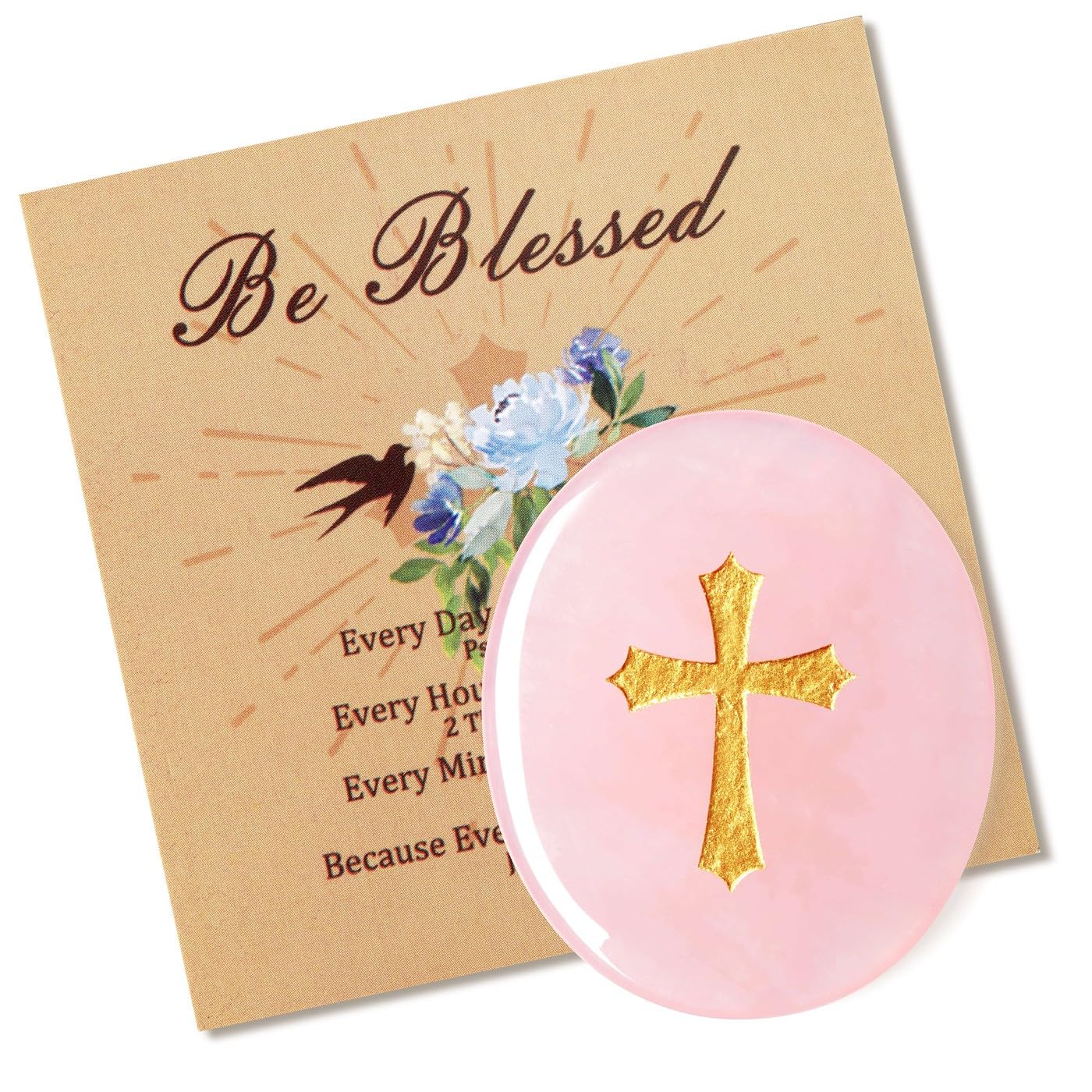 LAIDANLA Rose Quartz Cross Engraved Healing Crystal Worry Stones for Pray Faith Anxiety Relief Oval Palm Stone Polished Natural Crystal Gifts