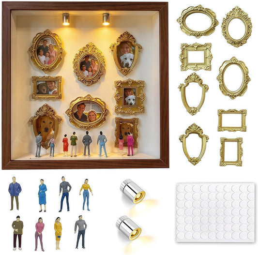 folalife Valentine's Birthday Gift - DIY Mini Museum Shadow Box with 8 Frames, 8 Figurines & 2 LED Lights, Anniversary & Romantic Home Decor, 10x10x1.9 Inches (Brown)