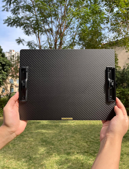 9.4"W x 12.6"L x 0.06"T Hard Lightweight Portable Carbon Fiber Clipboard with 2 Strong Black Low Profile Clips, Hook & Pen Holder, Letter/A4 Size Drawing Board, Waterproof & Sun Resistant, 3K Twill