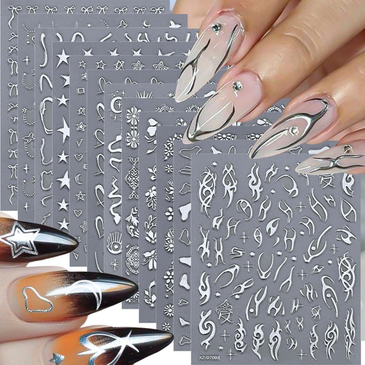 12 Sheets Silver Nail Art Stickers, 3D Self-Adhesive Bronzing Sun Moon Stars Bow Designs Nail Sticker Acrylic Manicure Decals Decorations Accessory for Women Girls