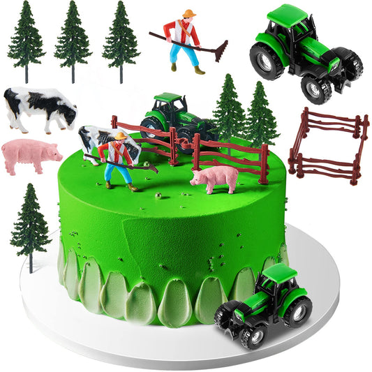 12 Pieces Tractor Cake Topper Set with Tree Farmer Fences Mini Barn Animal Figurines for Farm Animal Theme Party Birthday Party Decorations