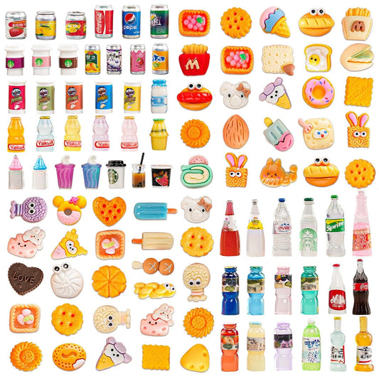 100pcs Miniature Food Drink Mini Brand Bottles Soda Pop Cans Cake Ice Cream Pretend Play Kitchen Game Party Accessories Toys for 1/12 Doll House Resin Food Figures Dollhouse Kitchen Decorations
