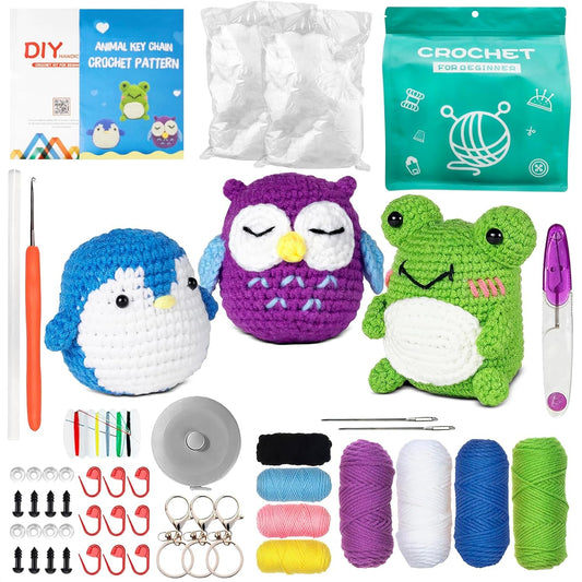 Animals Crochet Kit for Beginners – Set of 3 Easy-to-Use Knitting Kit for Adults with Yarns, Tools & Instructions for Creating Handmade Gifts, Nice for Stress Relief, Great as Mothers Day Gift for Mom