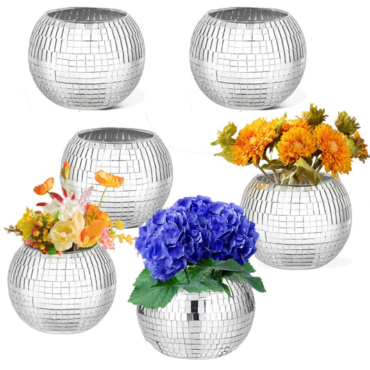 Wacloud 6Pcs Disco Ball Vase Set – Mirror Vases for Table Centerpieces, Real Glass Mosaic Flower Planter for Wedding, Birthday, Home Décor & Party Decoration – Sparkling Retro Disco Ball Home Accent