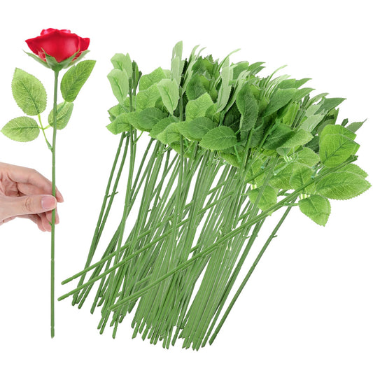Tolare 120 Pcs Rose Stems with Leaves, Fake Flower Stems Artificial Plastic Floral Wire DIY Craft Supplies for Bouquet Making Wedding Party Home Decor Arrangement Tools