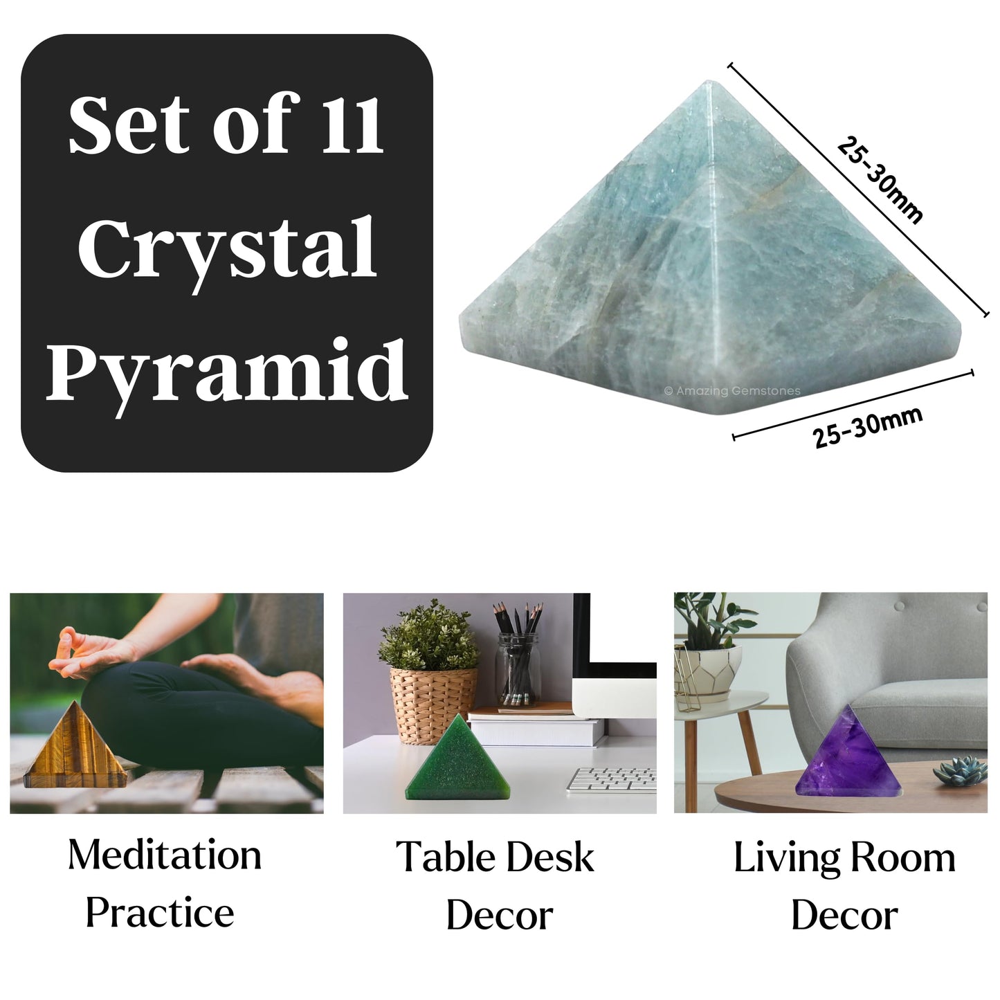 Amazing Gemstone Pack of 11 Crystal Pyramid Healing Stones - 1" Wholesale Bulk Crystals Pyramid Figurine of Natural Stone for Meditation, Reiki, Chakra Balancing and Crystal Pyramids Grid