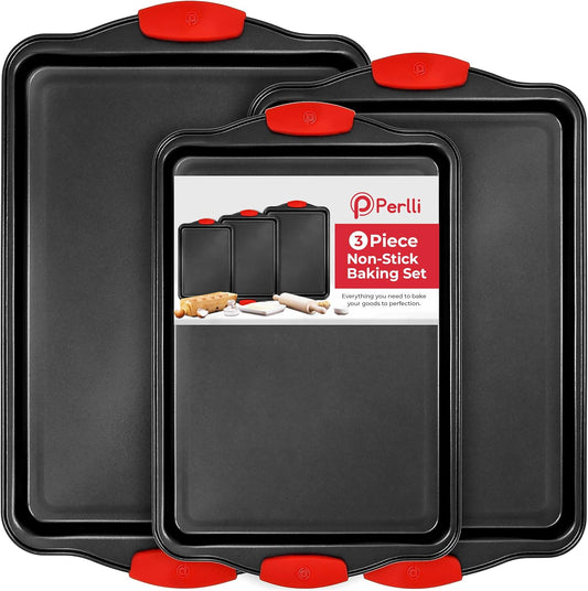 PERLLI Non-Stick Baking Pan Set - 3-Piece BPA-Free Carbon Steel Bakeware with Silicone Handles | Oven Safe Up to 446Â°F