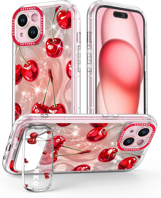ARTSMKO 11, (11) Super Shiny Cute Red Cherry Phone Case: Fashion Mirror Bracket & Fruit Design Compatible with iPhone