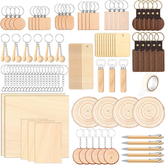Briwooody 100 Pcs Laser Material Kit Engraving Blanks Wooden Keychains Blanks Set Laser Cutting Materials Unfinished Wooden Engraving Key Tag Ring for DIY Gifts Crafting Cutters