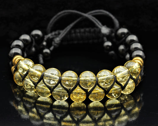 Natural Citrine Double Row Bracelet for Men & Women | Handmade 8mm Citrine Black Onyx Macrame Bead Bracelet | Adjustable Waxed Cord | Sagittarius Zodiac Chakra Jewelry Gift