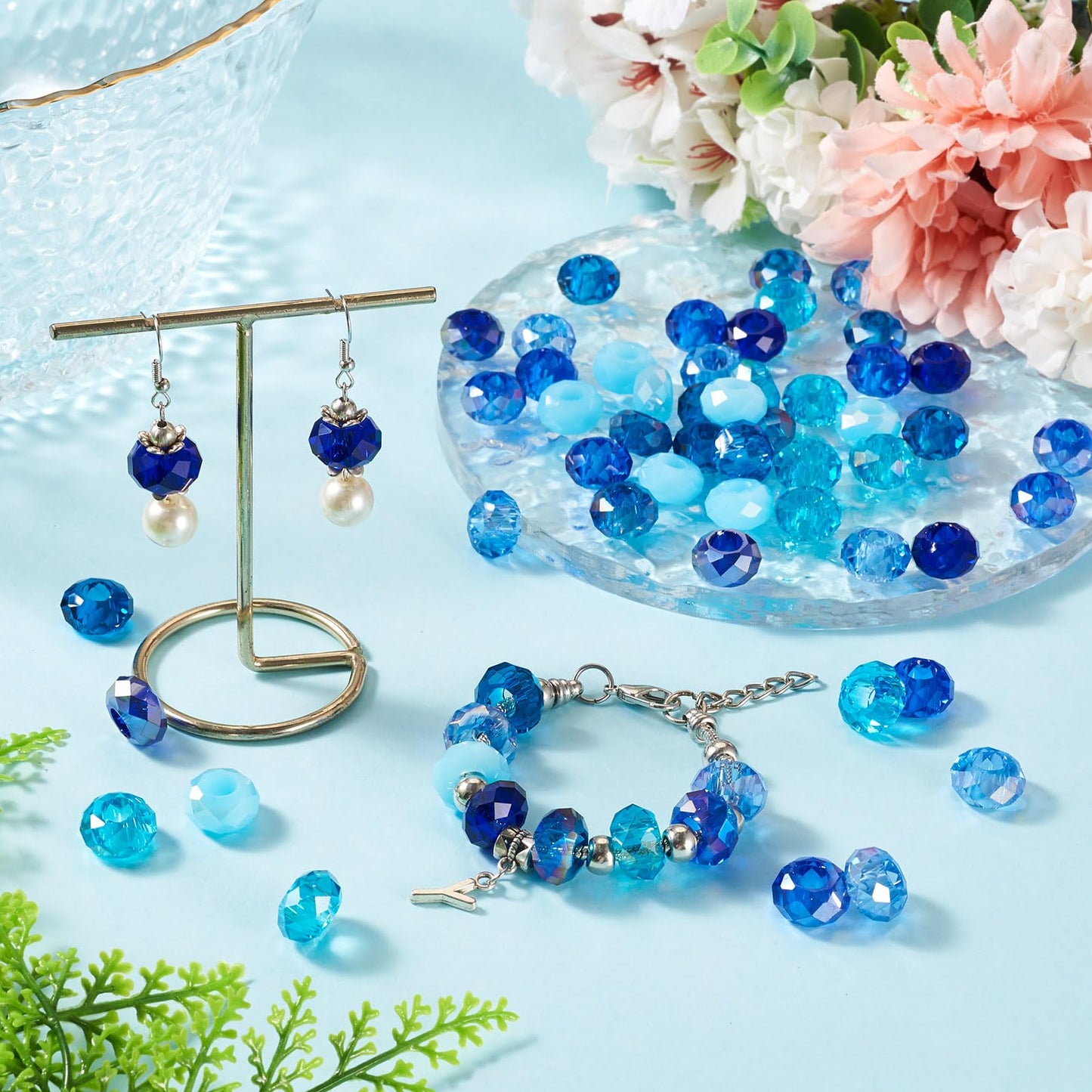 Craftdady 60Pcs Blue Color Theme European Beads Large Hole Faceted Glass Bead Blue Rondelle Bead Crystal Loose Spacer Beads for Jewelry Making DIY Pens Snake Chain Charm,12 Colors
