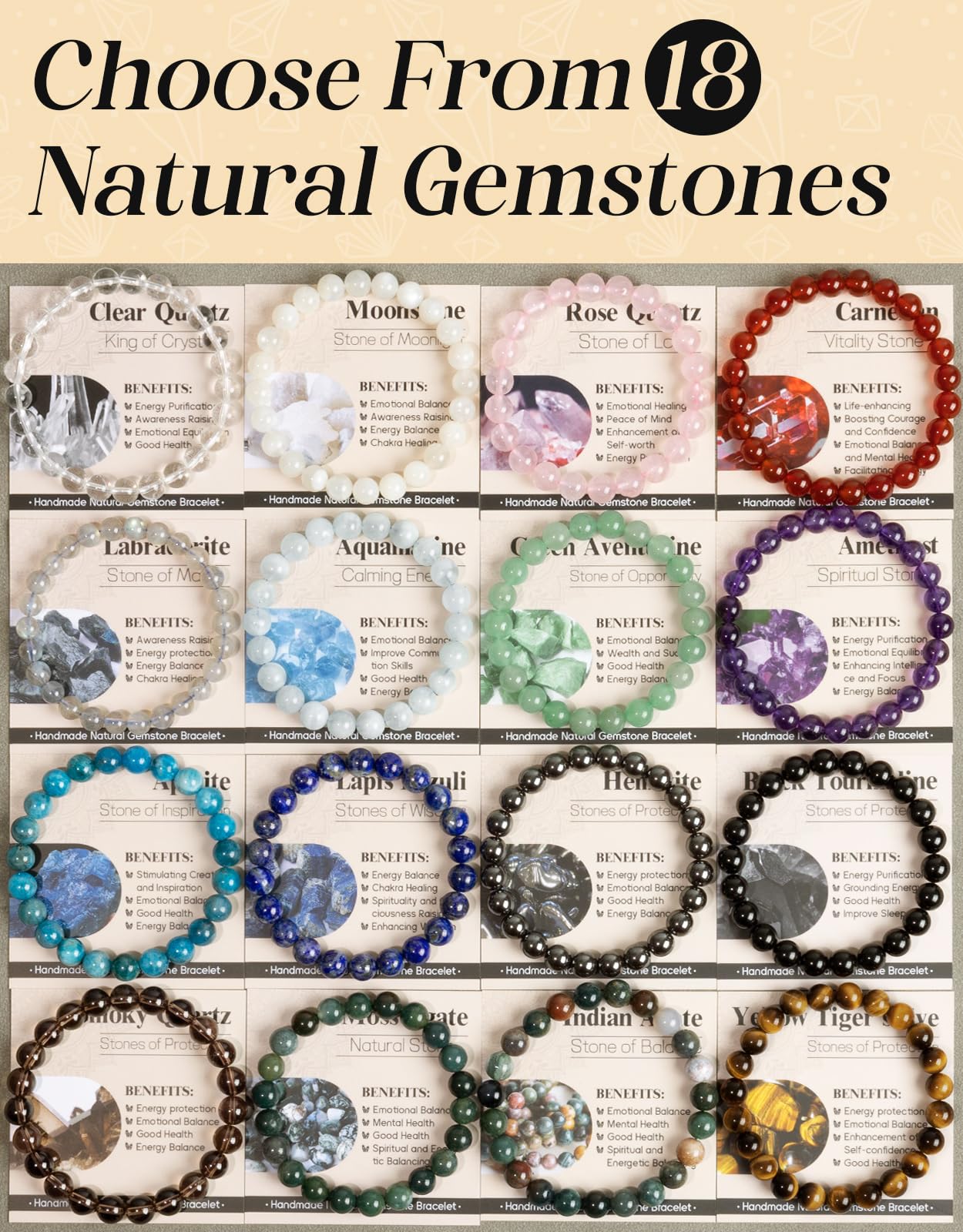 Landorilo Beaded Bracelet for Men Women, 8mm Natural Stone Lapis Lazuli Healing Crystal Stretch Bracelets, Ideal Christmas Birthday Jewelry Gifts with Energy Card，Replacement Beads Included
